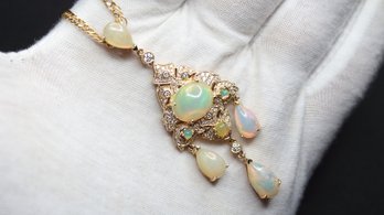 Opal & Diamond Pendant Necklace 14K Gold 11.60ctw, 15.26 Grams Natural Ethiopian Gem DIAMONDS GEMSTONE JEWELRY