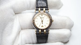 Vintage GUCCI 9000M Ivory Dial Quartz Watch SWISS Black Leather