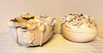 Creamy White Sculpted Flower Frog Bowl And Egg Dish