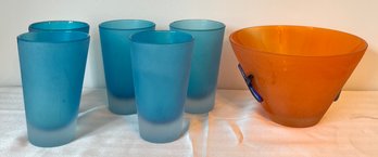 Matte Art Glass Bowl And Matte Blue Drinking Glasses