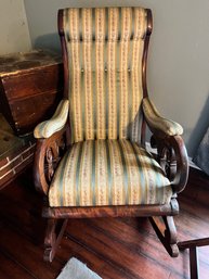 Antique Ornate Carved Wooden Upholstered Rocking Chair