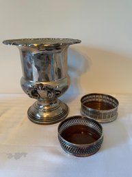 Large Silverplate Wine Bucket And Coasters