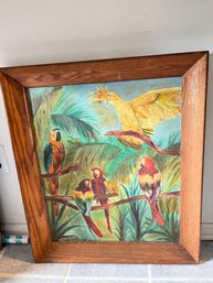 Large Signed Vintage Bird Parrot Oil Painting On Board Framed
