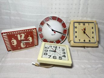 4 Retro Art Deco Red & White MCM Clocks