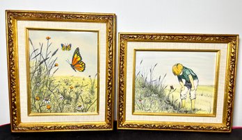2 Vintage MCM 1960s 70s Framed Hand Painted Enamel Butterfly Art Paintings Etchings