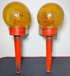 Vintage MCM Amber Crackle Glass Ball Pair Wall Sconces Torch Lamps ~ Red Metal Base