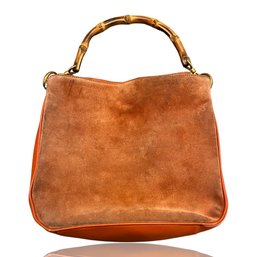 GUCCI Bamboo Shoulder Bag Leather Suede Orange Authentic Tote Purse Handbag Vintage