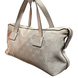 GUCCI Bamboo Guccissima Shoulder Bag Leather Canvas Silver Authentic Tote Purse Handbag Vintage