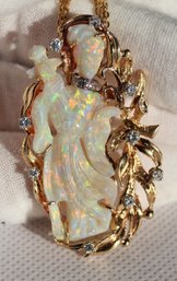 Opal Pendant Necklace With Diamond Accents In 14K Gold - Natural Australian Gem DIAMONDS GEMSTONE JEWELRY