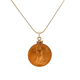 24K SOLID GOLD 1/4 OZ COIN PENDANT SET IN 14K YELLOW GOLD BEZEL 24K 7.09 GRAMS,14K 5.34 GRAMS NECKLACE JEWELRY