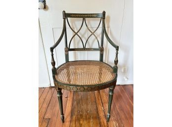 Vintage Regency Style Green Painted Cane Seat Arm Chair