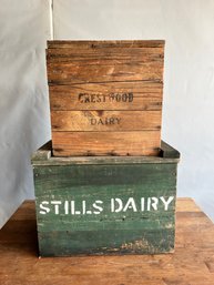 VINTAGE WOOD DAIRY CRATE BOXES WITH LIDS,