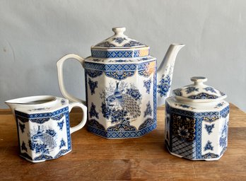 Blue And White Sedek China Tea Set, Kettle, Creamer & Sugar