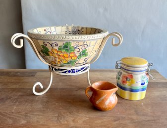 Mosaic Bowl On Stand, Canister And Tiny Creamer