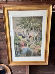 Framed Original Watercolor Painting, Signed Garden Scene