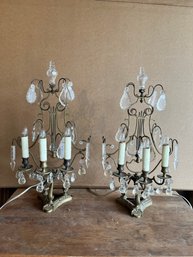 Pair Of Vintage Waterfall Table Top Lights With Chandelier Drops