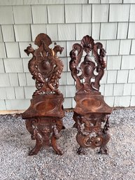 2 Similar Carved Wood Italian Sgabello Hall Chairs