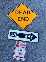 3 Road Signs, Dead End, Wrong Way