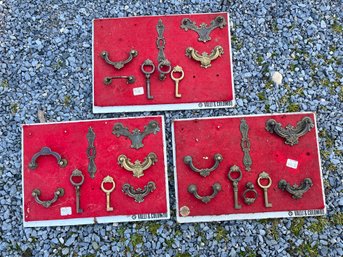 3 Salesman Sample Trays Of Brass  Drawer Pulls / Handles