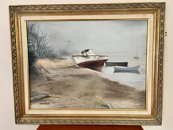 SEASCAPE WITH BOAT ASHORE , OIL ON CANVAS SIGNED VIVIEN OSWELL