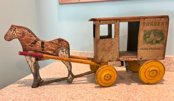 ANTIQUE WOOD BORDEN'S FARM PRODUCTS TOY HORSE & CARRIAGE