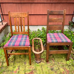 2 MISSION STYLE DINING CHAIRS, WOOD MAGAZINE RACK