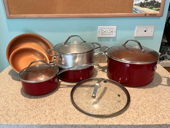 LOT OF RED COPPER COOKWARE, POTS & PANS
