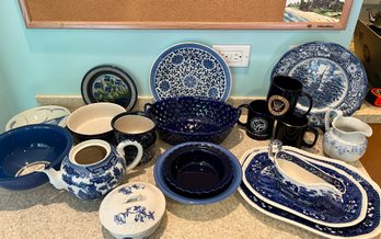 LARGE LOT OF BLUE & WHITES INCLUDING CERAMIC WOVEN BASKET FROM MOMA