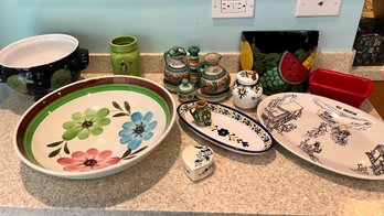 LOT OF MISC HAND PAINTED CERAMICS & KITCHEN ITEMS, INCLUDING CRUET