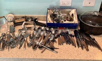 LOT OF STAINLESS STEEL SILVERWARE, SERVING PIECES & KITCHEN GADGETS