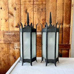 Pair Of Mid Century Iron And Glass Panel Sconces