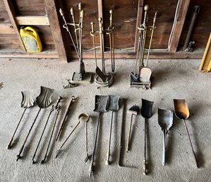 GROUP OF BRASS FIREPLACE TOOLS AND SETS