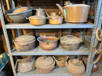 LOT OF COPPER AND CAST IRON COOKWARE