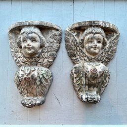 Pair Of Antique Carved Cherub Corbels / Brackets / Shelves