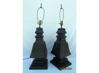 Pair Of Colossal Vintage Carved Wood Lamps