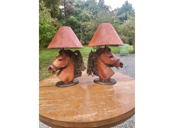Pair Mexican Horse Figural Leather & Plaster Lamps