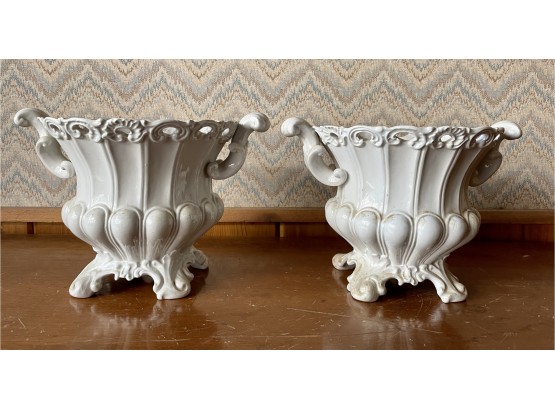 Pair Italian White Ceramic Planters / Cachepots