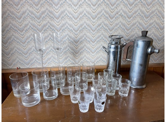 Large Lot Of Assorted Barware Glasses And Martini Shakers