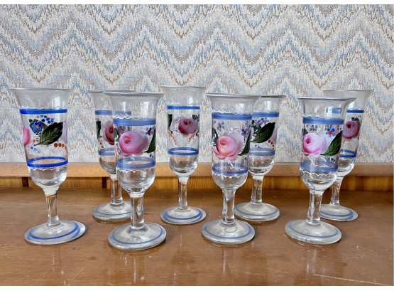 8 Hand Blown & Paint Decorated Glass Cordials