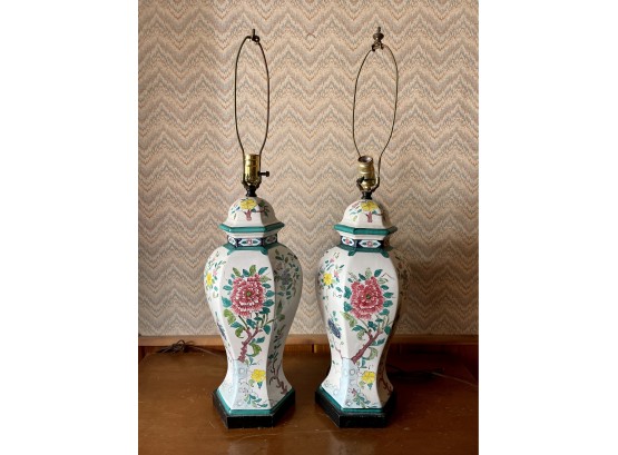 Pair Painted Ceramic Floral Motif Lamps