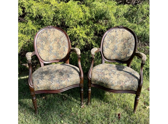 Pair Antique Needlepoint Upholstered Armchairs