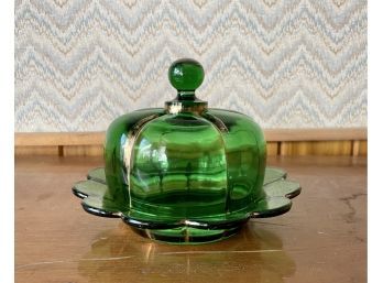 Green Gilt Glass Butter Keeper / Covered Candy Dish