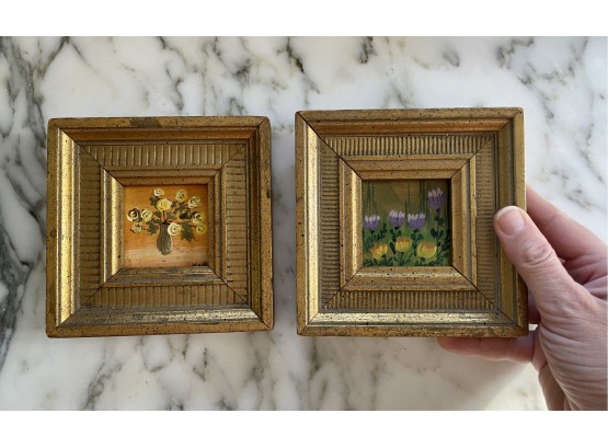 Pair Of Tiny, Gilt Framed Floral Oil Paintings, Signed