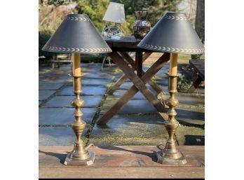 Pair Of Brass Lamps With Tole Shades