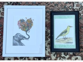 2 Framed Prints Elephant & Bird