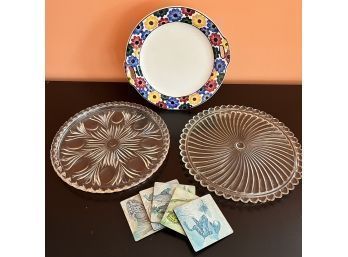 Group Of 3 Vintage Cake Plates And Frog Coasters