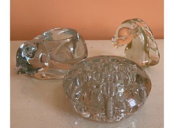 3 Pieces Glass Including Flower Frog Cat Candle Holder And Horse Head