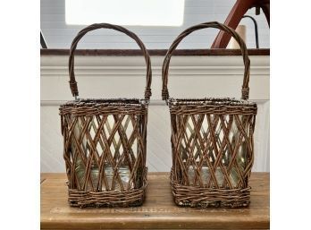 Pair Of Woven Wicker Lanterns With Glass Inserts