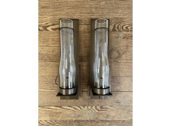 Pair Of Hubbardton Forge Modern Wall Sconces With Seeded Clear Hurricane Glass