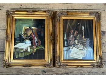 2 Gilt Framed Oil Paintings, Still Life Of Musical Scene With Violin